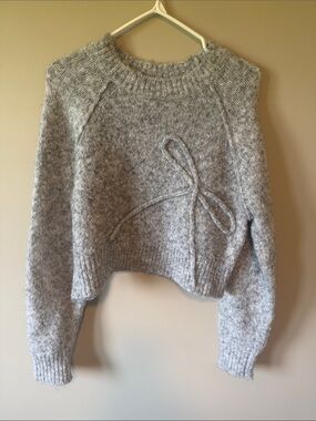 American Eagle Gray Bow Knit Cropped Sweater Balletcore Casual Size Small